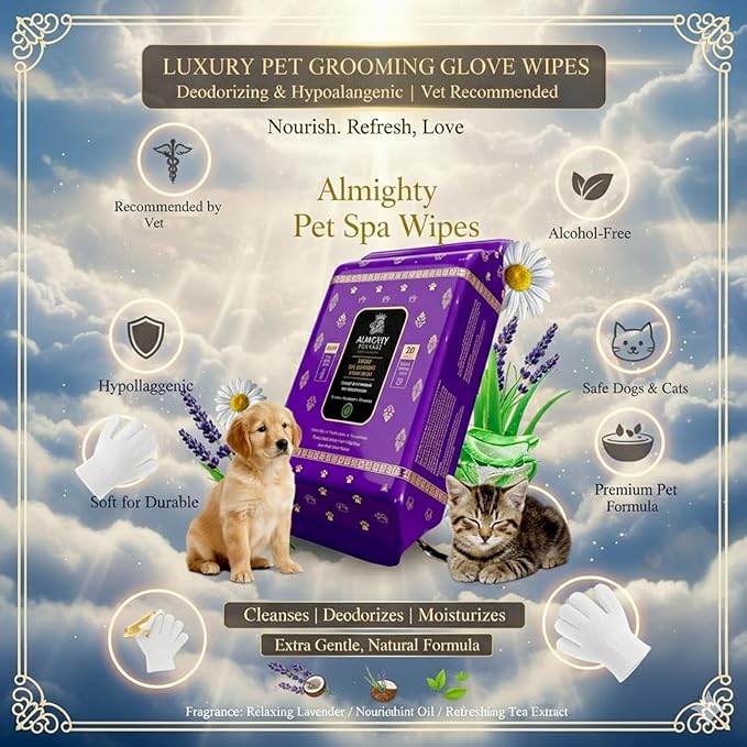 Almighty – Premium Pet Grooming Glove Wipes for Dogs & Cats | 20 Count | Instant Bath Cleaning Glove | Ultra-Thick, Hydrating & Nourishing | Deodorizing, Hypoallergenic, No-Rinse – Coconut Scent