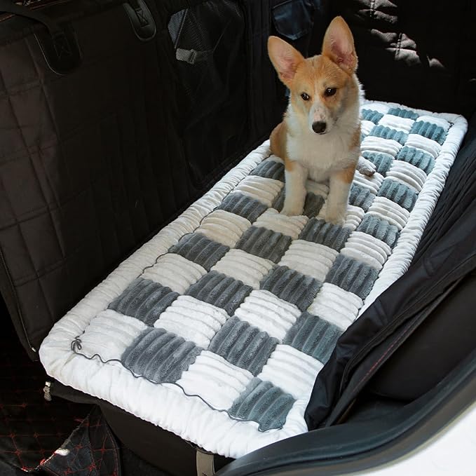 NestlyMoly Dog Bed for Car, Pet Travel Backseat Mat for Vehicle SUV Truck Jeep Automobile, Large Washable Foldable Non-Slip Fuzzy Soft Comfortable Cozy Extender Protector Cover Pad, Grey, 24.8x54 in
