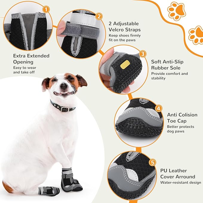 Dog Shoes for Hot Pavement,Dog Boots & Paw Protectors for Large Medium Size Dogs to Prevent Licking,Dog Booties with Reflective for Outdoor,Hiking,Hardwood Floors,Winter Snow(Black Grey,Size6)