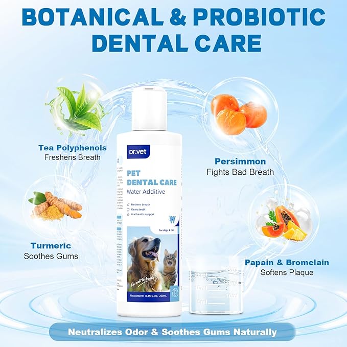 Dog Breath Freshener-Enzymatic Dog Dental Water Additive for Dental Care–Probiotics Prevent Bad Breath, Relieve Gum Redness, Reduce Plaque & Tartar, No Brushing Needed, Safe for Dogs & Cats, 8.45oz