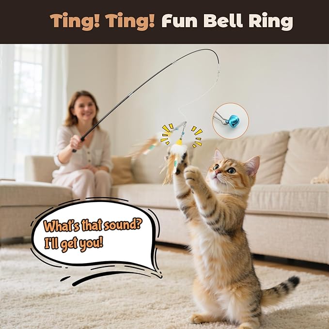 4-in-1 Interactive Cat Toys for Indoor Cats, Retractable Cat Wand Toy with Feather, Crinkle Paper Refills, Kitten Toys Teaser Wand for Bored Indoor Adult Cats and Kittens