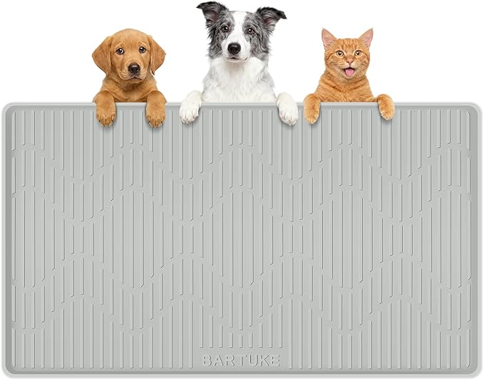 Bartuke Silicone Cat & Dog Food Mat, 28" x 22" Large Pet Feeding Mat for Cats and Dogs Bowl, Pet Placemat for Food and Water with Raised Edge, Waterproof, Leakproof (Grey)