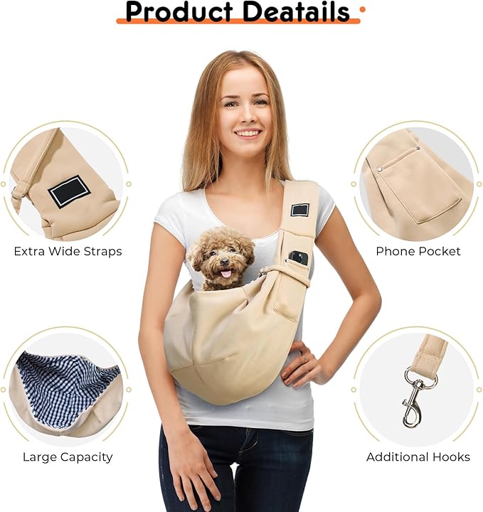 Sling Carrier for Small Pets, Hands Free Cat Sling, Reducing Back Neck Pain Anti-Anxiety Dog Front, Adjustable Soft Dog Carrying (Ivory)