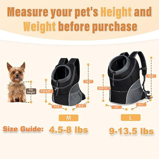 YUDODO Dog Front Carrier Backpack, Adjustable Breathable Pet Carrier for Small Dogs Cats, Ventilated Puppy Back Pack with Safety Belt, Lightweight Doggy Backpack for Hiking Outdoor (Black, M)