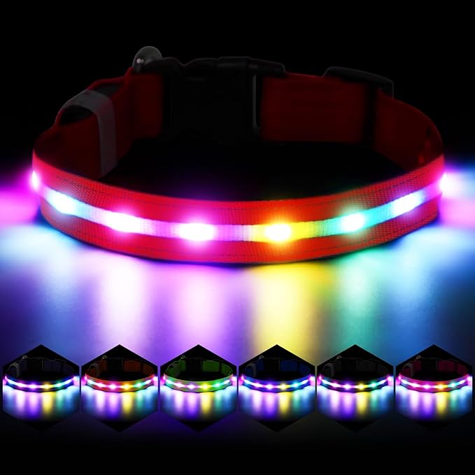 Fiveda Light Up Dog Collar, USB Rechargeable 6 Modes, Waterproof Charging Port, Long Lasting LED Collar - Adjustable Nylon Reflective for Dogs, Sizes S/M/L (7/9/11 Lights) - Red, M