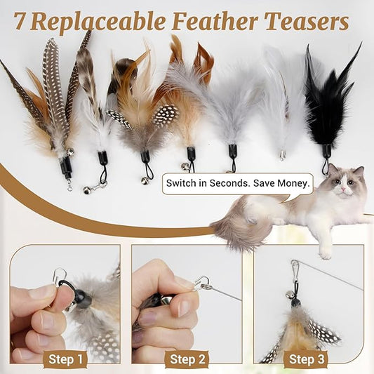 ROSAUI Professional Grade Cat Wand Toy Set (4 Pack, 16”) – Reinforced Steel Core with Spring Action, 7 Replaceable Feather Teasers, Heavy Duty Interactive Cat Toy Built to Last
