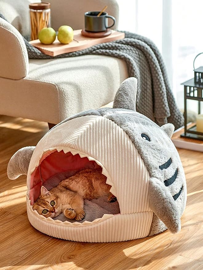 QWINEE Cat Mat Shark-Shaped Kennel Kitten Bed Hideout House Warm Soft Comfortable Semi-Closed Cat Dog Nest Grey Large
