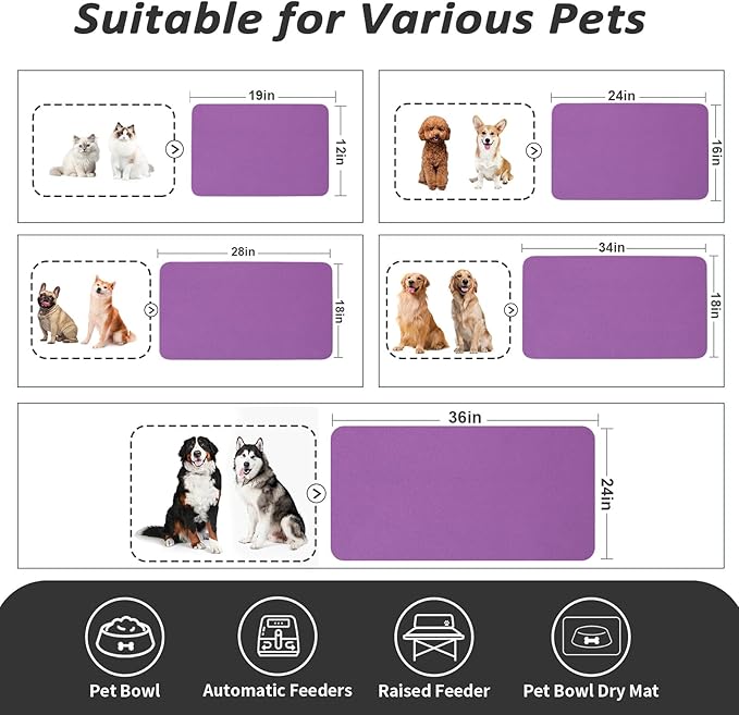 Dog Food Mat - Absorbent Cat Mat for Food and Water, No Stains Pet Feeding Bowl Mat, Easy to Clean Pet Placemats, Quick Dry Dog Water Dispenser Mat for Messy Drinkers | Purple 12"x 19"