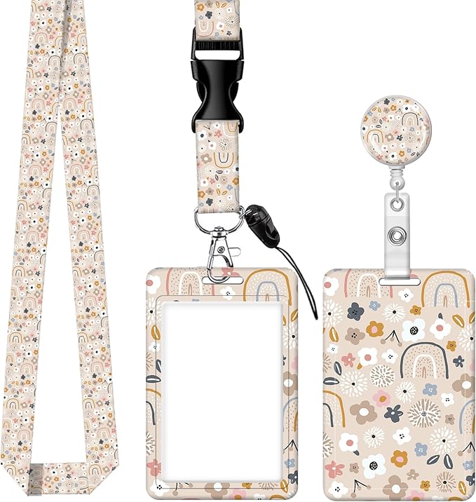 BLOCIT ID Badge Holder with Lanyard - Fashionable ID Card Holders with Retractable Lanyards - Soft Fiber Metal Clip Sturdy Buckle for Key Wallet - Work Nurse Teacher (Cute Flowers Rainbows)