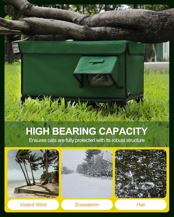 Outdoor Heated Cat House in Winter,Extremely Insulated & Weatherproof,Elevated Feral Cat Shelter with Waterproof Eaves & Escape Door for Outside Stray Barn Cat (Army Green,L)