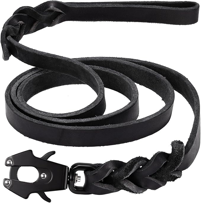 GEIT 4/5/6FT Leather Dog Leash, Heavy Duty Dog Training Leashes, Genuine Leather Braided Leash with Quick Release/Locking Tactical Frog Clip for Medium and Large Dogs
