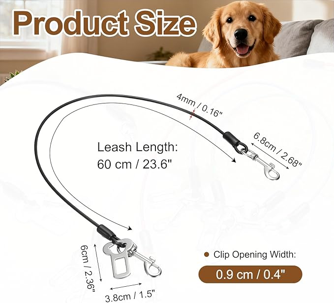 PETAXCELL Chew Proof Dog Leash, 24 in Dog Seat Belt Harness with Double Clips Leash Extender Steel Braided Vehicle Tether, (Black, 1 Pcs), Intended for Pet Car Safety/Walking/Training