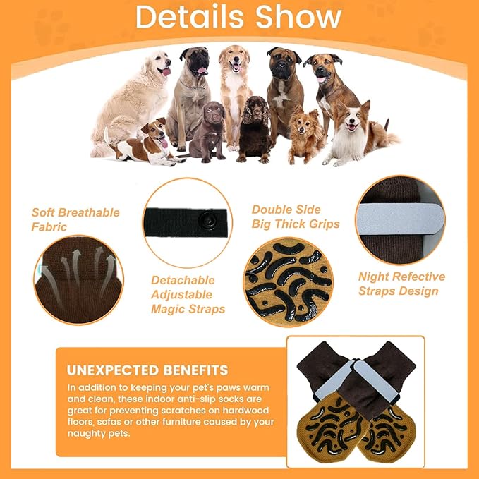 Anti Slip Dog Socks to Prevent Licking Paws, Dog Booties Shoes for Hot Pavement, Dog Socks with Grippers for Hardwood Floors, Senior Dog, Paw Protector (L, Strips Brown)