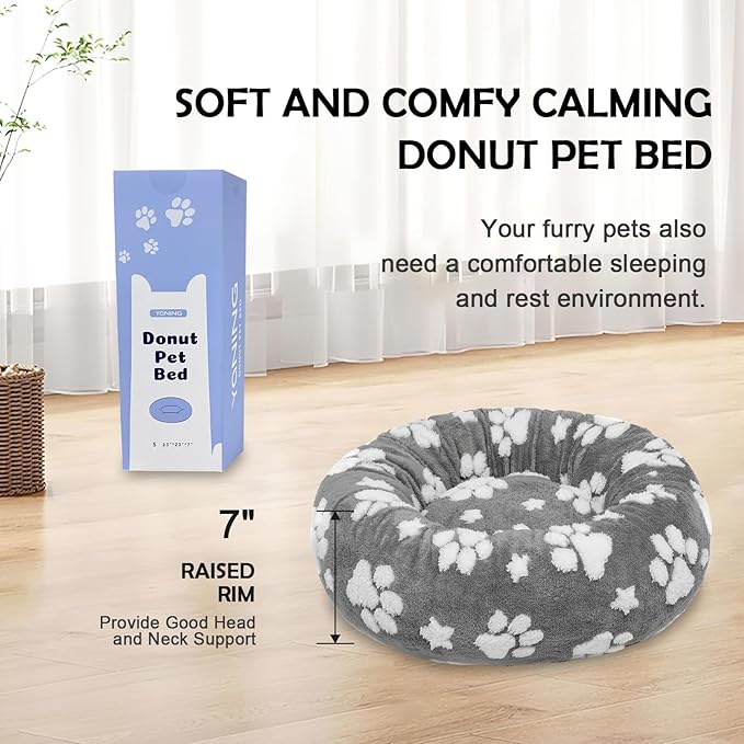 Donut Dog Beds for Small Dogs, Calming Round Cat Beds for Indoor Cats, Cute 3D Textured Paw Pet Bed with Removable Washable Cover and Anti-Slip Bottom（Grey，23"）