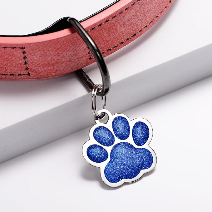 YEHANTI Dog Tags Personalized for Pets, Durable Stainless Steel Glitter Paw Print Pet ID Tags with 4 Line Texts and Icons Engraved, Custom Dog ID Tags and Name Tags for Large Small Dogs Cats (Blue)