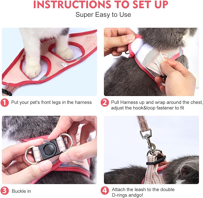 Cat Harness and Leash Set, Soft and Breathable Vest with Reflective Strip, Escape Proof Kitten Harness, Easy to Wear for Cats Walking and Traveling (Red, L)