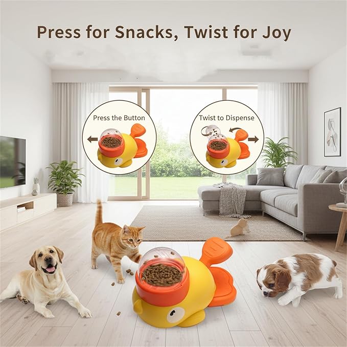 Yellow Duck Cat Feeder Toy, Little Yellow Duck Cat Toy Treat Feeder, 2-in-1 Interactive Cat Toy & Slow Feeder, Cat Dog Treat Dispenser with Button (1pcs)
