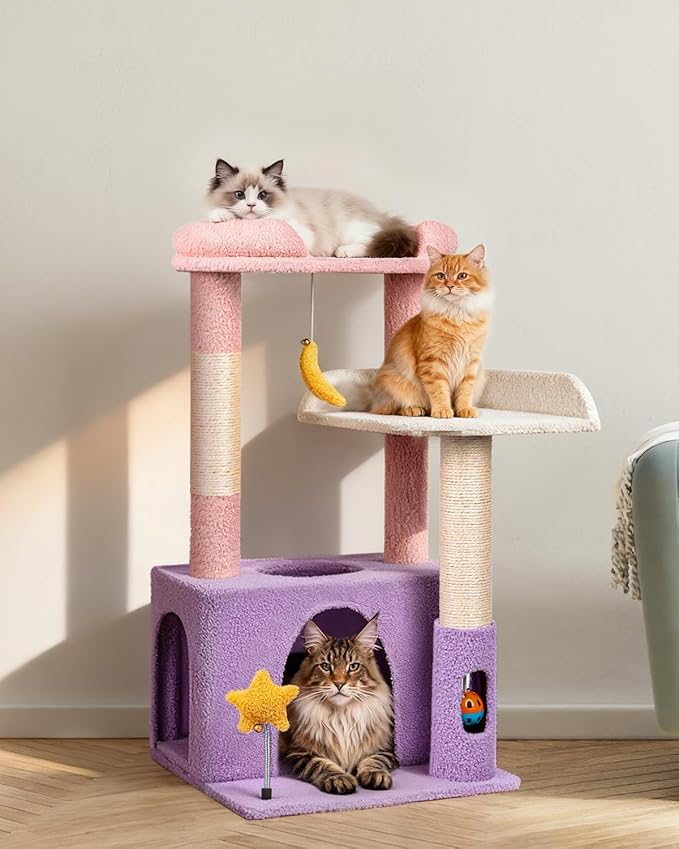 32" Cute Cat Tower for Indoor Kittens with Cat Condo, Plush Platform, Hammock, Sisal Scratching Posts, Dangling Ball, Tall Cat Tree Tower with Self-Grooming Brush (Moonlit Violet)