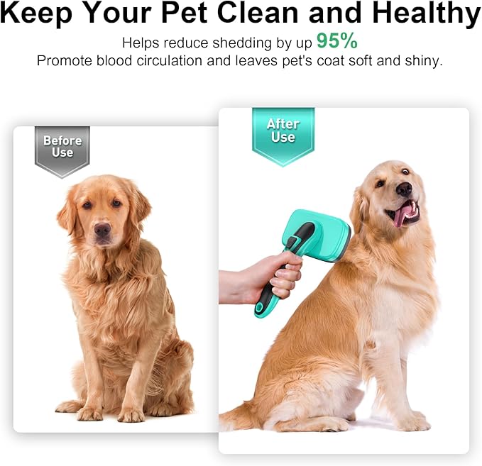 Self Cleaning Slicker Brush for Dogs and Cats - Skin Friendly Shedding & Grooming Tool for Long and Short Haired Pets,Easy Clean Retractable Bristles,Green