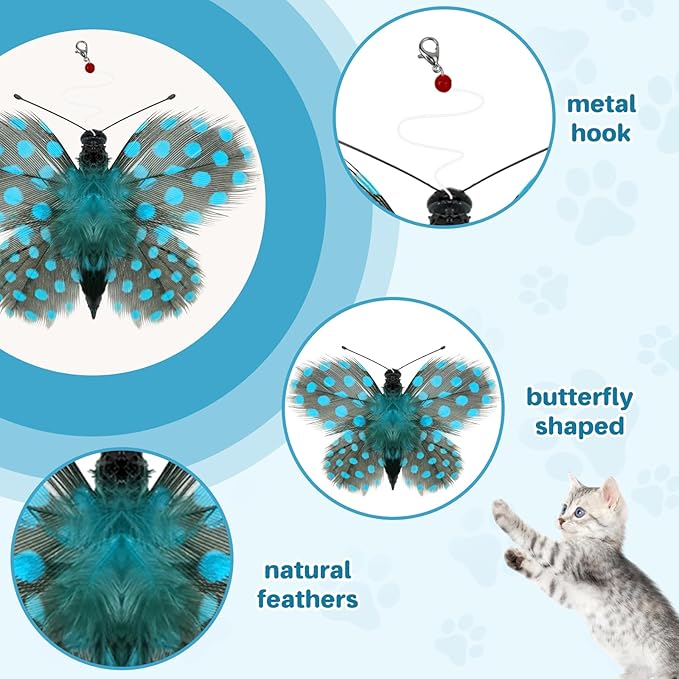 Walfront Interactive Cat Wand Toy with Feather & Butterfly Attachments, Cat Toys for Indoor Cats and Kittens, Replaceable Teaser Heads, Bright Colors, Durable Wand, Boosts Hunting Instinct & Exercise