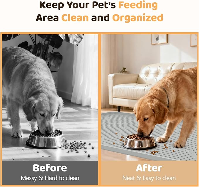 Bartuke Silicone Cat & Dog Food Mat, 40"x 28" Extra Large Pet Feeding Mat for Cats and Dogs Bowl, Pet Placemat for Food and Water with Raised Edge, Waterproof, Leakproof (Grey)