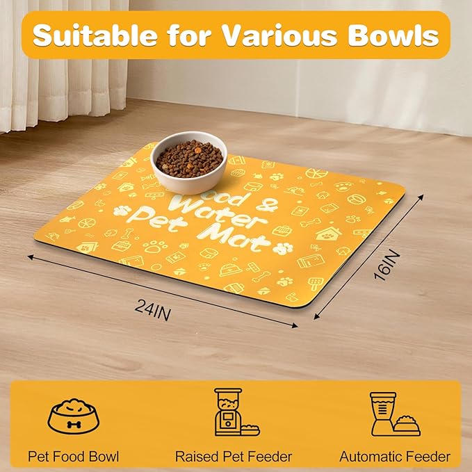 Pet Feeding Mat,Dog Cat Mat for Food and Water,Dog Bowl Waterproof Placemat with Rubber Backing,Absorbent Quick Dry Water Dispenser Mat for Pet（Orange 16"×24"）