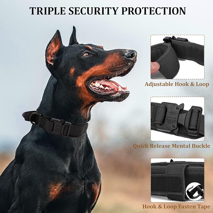 Tactical Dog Collar with Handle - Military Adjustable Dog Training Collar Soft Nylon and Heavy Duty Metal Buckle for Medium Large Dogs - with Patch (Black, Large)