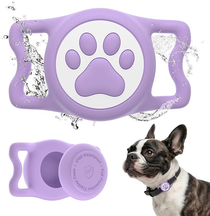WhoseID Apple Airtag Holder for Dog Collar - IPX8 Waterproof, Lightweight & Soft Silicone Case for Air Tag, Adjustable Fit Dog Cat Pet Collars (Purple, 1 Pack)