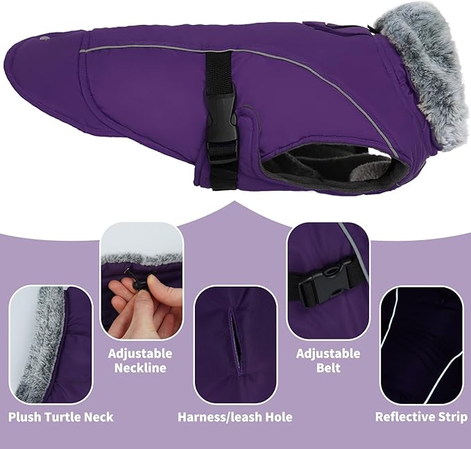 DENTRUN Winter Warm Dog Coat Reflective Jacket with Turtleneck for Cold Weather, Adjustable Buckle Windproof Water Repellent, Thick Snowsuit Fleece Vest for Small, Medium, Large Dogs, Purple, S