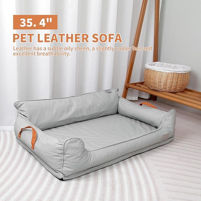 Waterproof Leather Memory Foam Dog Sofa Bed, Removable Orthopedic Dog Beds for Large Dogs, Durable Dogs Bed Couch with Non Skid Bottom for Different Pet Sizes (Silver Gray, X-Large)