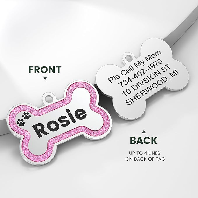 YEHANTI Dog Tags Personalized for Pets - Durable Stainless Steel Pet ID Tags with Lovely Icons, Glitter Bone Custom Dog Tags for Large Small Dogs Cats, Dog Name Tags Engraved On Both Sides（S, Green）