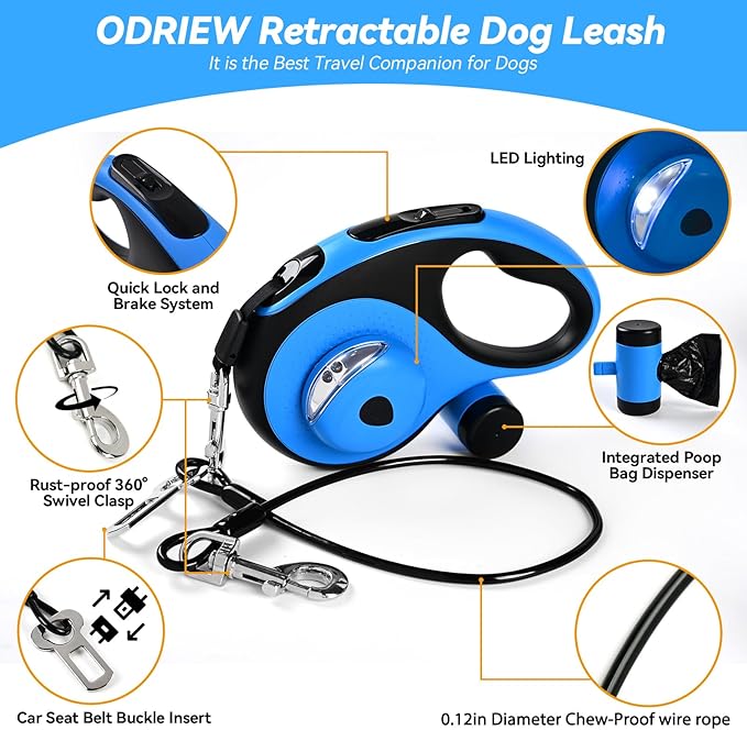 ODRIEW Heavy Duty Retractable Dog Leash for Large Dogs, 26ft Dog Leash with Poop Bag Holder, Up to 110lbs, chew Proof Cable, LED Light, 360° No-Tangle, One-Handed Pause & Locked. (Blue, L 26ft)