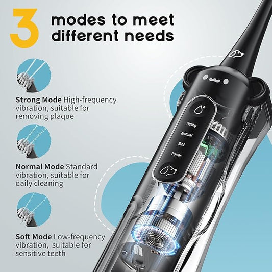 Dog Tooth Brushing Kit, 3-in-1 Dog Electric Toothbrush with Water Flosser, Dog Teeth Cleaning Tools with 3 Modes, Deep Cleaning Kit for Dogs and Cats, IPX7, 1100mAh Battery, Black