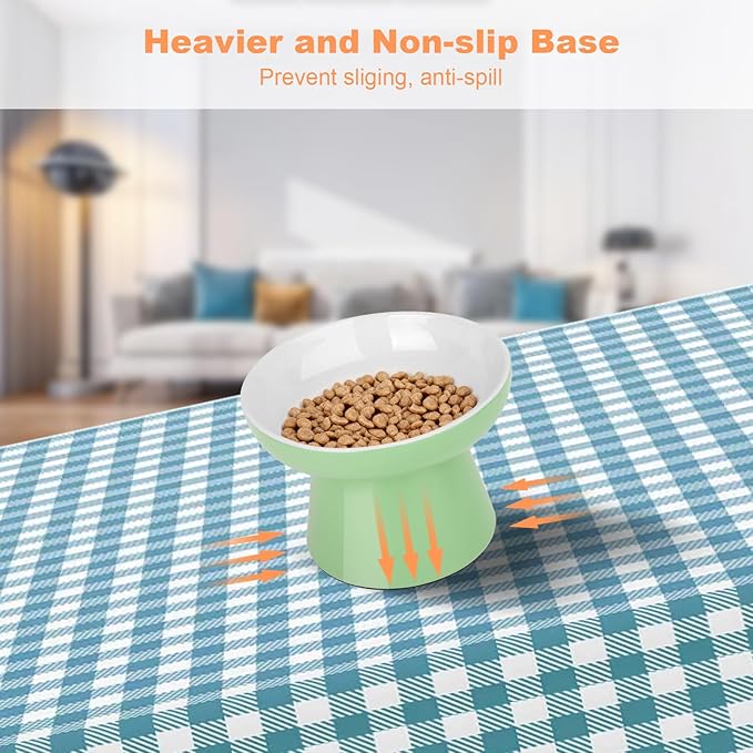 Elevated Cat Bowls,2 Pcs Ceramic Raised Cat Food Bowls with Non-Slip Base,Whisker-Friendly Shallow Design,Lead & Cadmium Free Pet Feeder,Dishwasher and Microwave Safe (Green&Light-Grey)