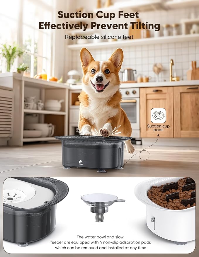 Dog Water Bowl,No Spill Water Bowl for Dogs Reduce Refill & 2-6 Cups Slow Feeder Dog Bowls 2Pieces,Anti Splash No Mess Dispenserl,Anti-Choking Puzzle Food Bowls(with Suction Cup Foot Pad)