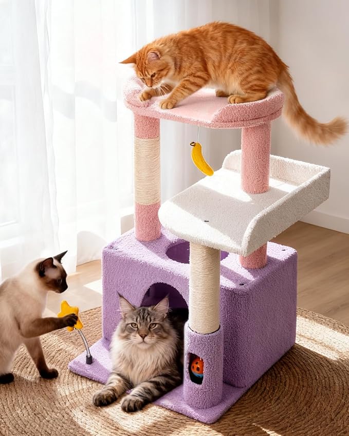 32" Cute Cat Tower for Indoor Kittens with Cat Condo, Plush Platform, Hammock, Sisal Scratching Posts, Dangling Ball, Tall Cat Tree Tower with Self-Grooming Brush (Moonlit Violet)