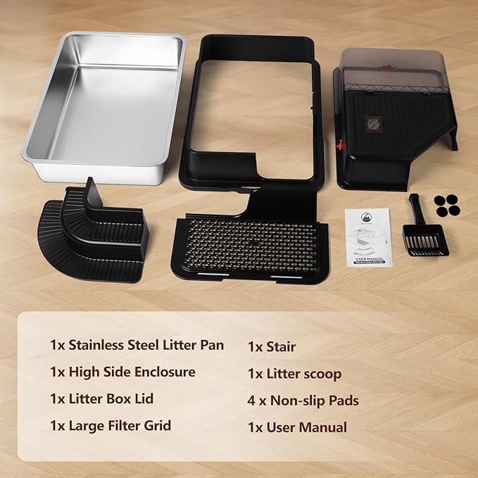 XXXL Stainless Steel Litter Box, 28"x20"x18" Extra Large Fully Enclosed High Sided Metal Cat Litter Box with Filtered Grid, Step, Scoop, Non-Sticky, Non-Odor, Easy Cleaning (Black)