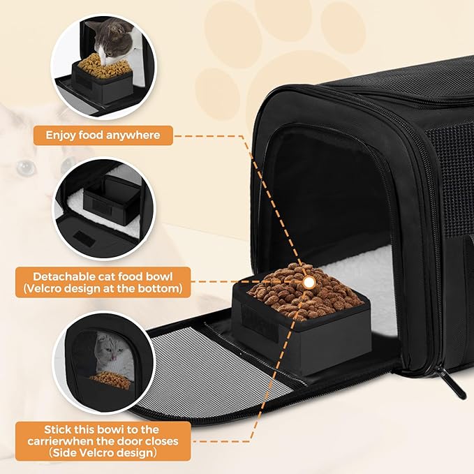Cat Carrier Soft for Pets Up to 15 Lbs, Cat Travel Bag with Padded Shoulder Strap and Detachable Cat Food Bowl, Pet Dog Carriers for Small Dogs Travel Puppy Carry Airline Approved, Black