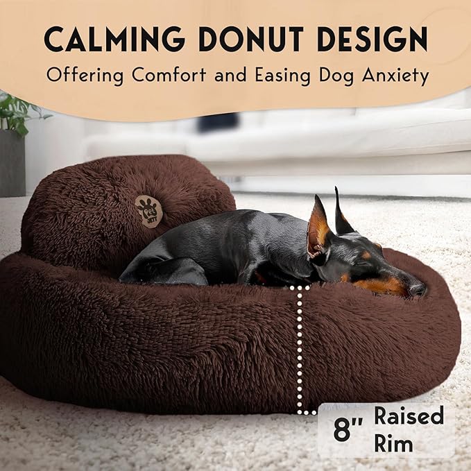 PetJett Calming Dog Beds Large Sized Dog - 36'' Round Bed, Anti-Slip & Washable Super Soft Donut Bed, Fluffy Faux Fur Anti-Anxiety Premium Comfort Pet Bed, Fits Dogs up to 100 lbs - Brown