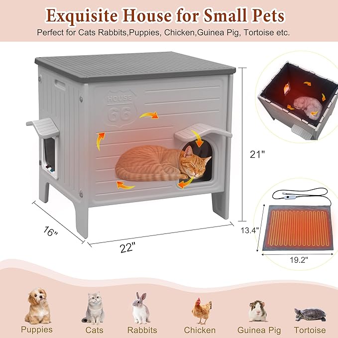 Deblue Heated Cat House for Outside with Insulated Foam for Outdoor Cats,Plastic Weatherproof Insulated cat House, Cat Shelter for Feral Cats