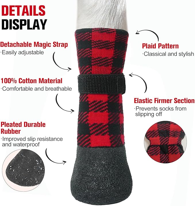 BEAUTYZOO Waterproof Dog Socks to Prevent Licking Paws, Christmas Dog Socks for Hardwood Floors Anti Slip, Puppy Boots with Grippers for Small Medium Large Senior Dogs, Red Black Plaid, L