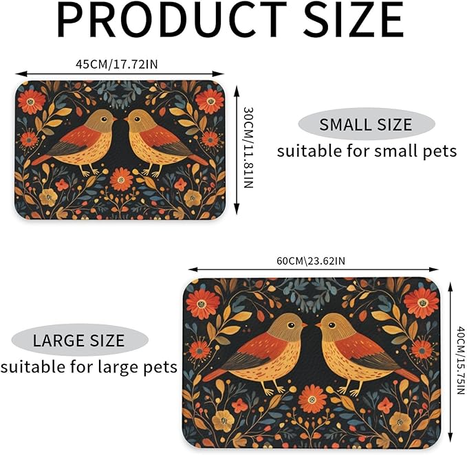 Botanical Bird Flower Dog & Cat Food Mat for Floors Waterproof,Quick Dry Anti-Slip Bowl Mats for Food and Water,Pet Feeding Mats,Pet Placemat for Messy Drinkers to Protect Floors 17.72×11.81in