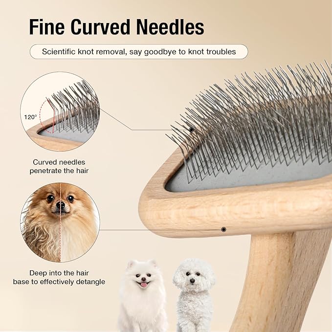 UTEE Slicker Brush for Small Dogs & Long-Haired Cats – 120° Curved Stainless Steel Pins for Gentle, Pain-Free Grooming, Soft Air Cushion & Beech Wood Handle