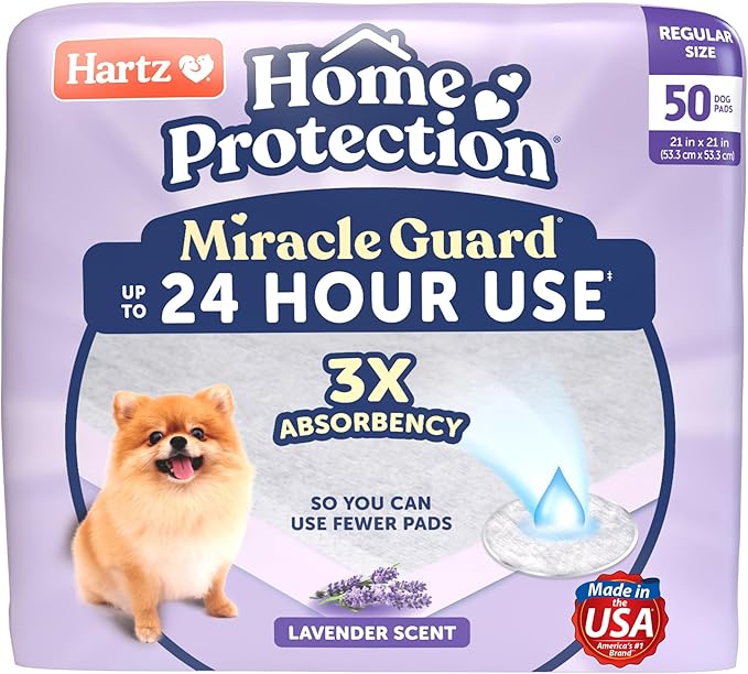 Hartz Home Protection Miracle Guard Lavender Scented Dog Pads, Regular Size 50 Count, 24 Hour Use, Won't Leak and Odor Eliminating