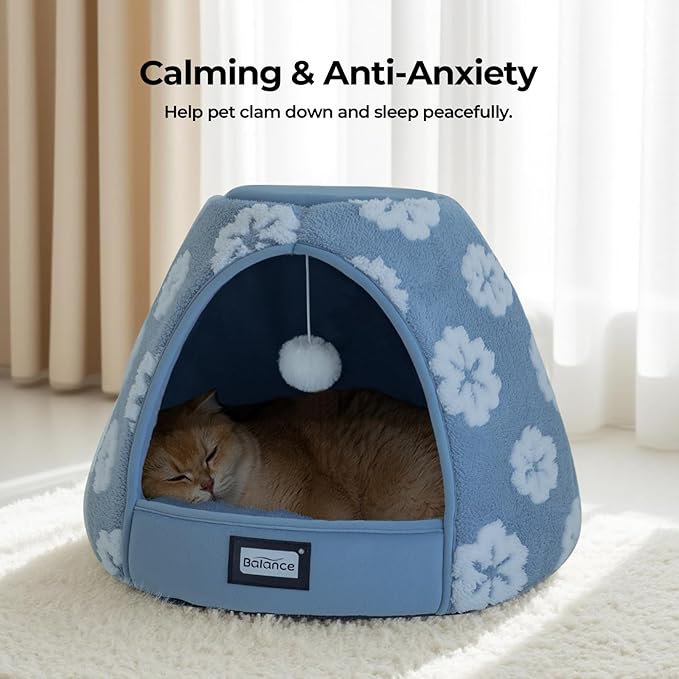 BALANCE Cat Beds for Indoor Cats, 2-in-1 Cat Bed Cave with Anti-Slip Bottom and Ultra-Soft Plush, Cozy Cats House Tent for Kittens and Small Dogs, 19 Inches, Blue