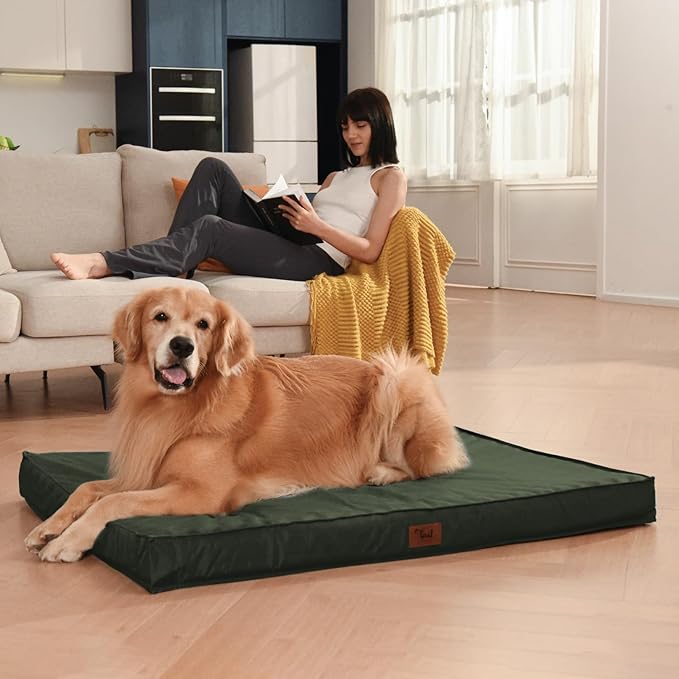 Outdoor All Weather Dog Bed, XXL Waterproof Dog Bed for Large Dogs, Orthopedic Egg Crate Foam Pet Mat with Removable Washable Oxford Cooling Cover, 47x29 Inch, Dark Green