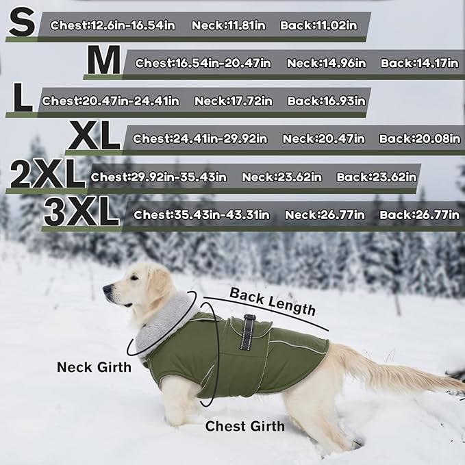 Lelepet Warm Dog Coat Reflective Fleece Vest Waterproof Dog Jacket with Adjustable Buckle Hook & Loop Windproof Cold Weather Coats for Small Medium Large Dogs, Army Green, S
