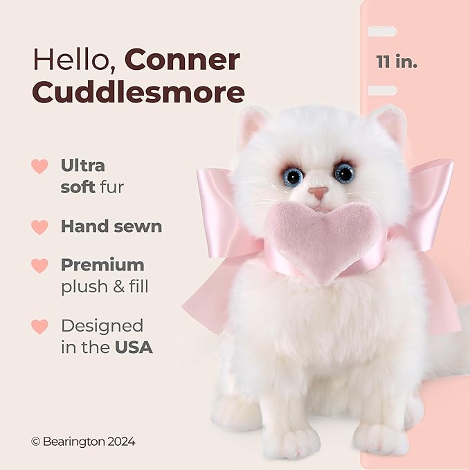Bearington Cat Stuffed Animal - Ralistic Cat Plush Lifelike White Kitten Toys for Girls - Pretty Kitty 10"