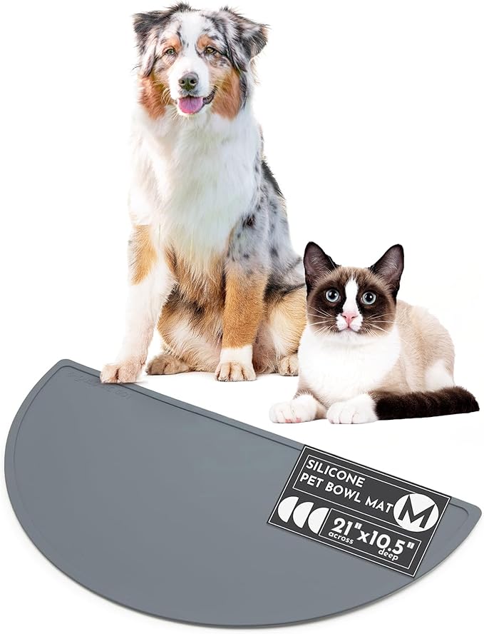 Should We Go? Waterproof Silicone Pet Food Mat - Non-Slip, Spill-Proof Feeding Mats for Floors, Raised Edge Design, Easy-to-Clean Mat for Dog & Cat Bowls, 21" Across x 10.5" Deep, Medium-Charcoal