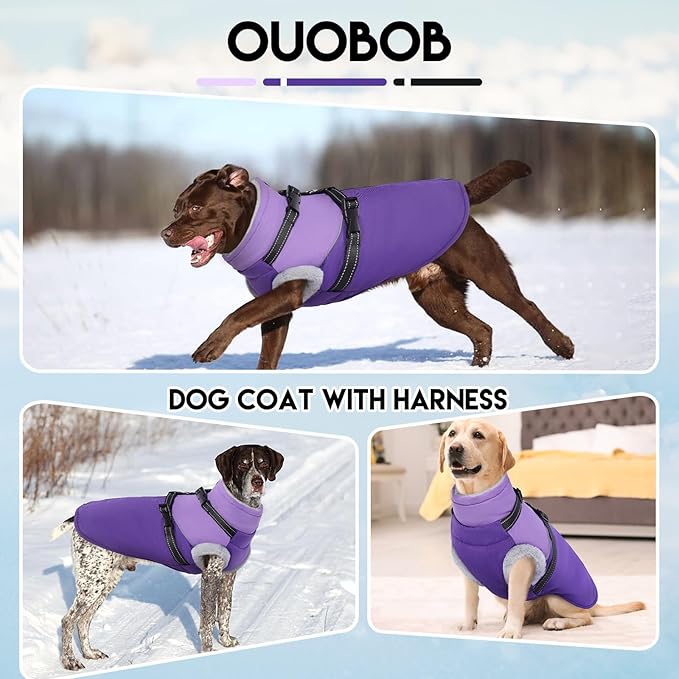 Dog Coat with Harness Built, Dog Winter Jacket with Zipper Closure, Warm Pet Fleece Puffer Coat with Reflective Strips & Furry Collar, Waterproof Snowsuit for Medium Large Dogs - Purple XXXL